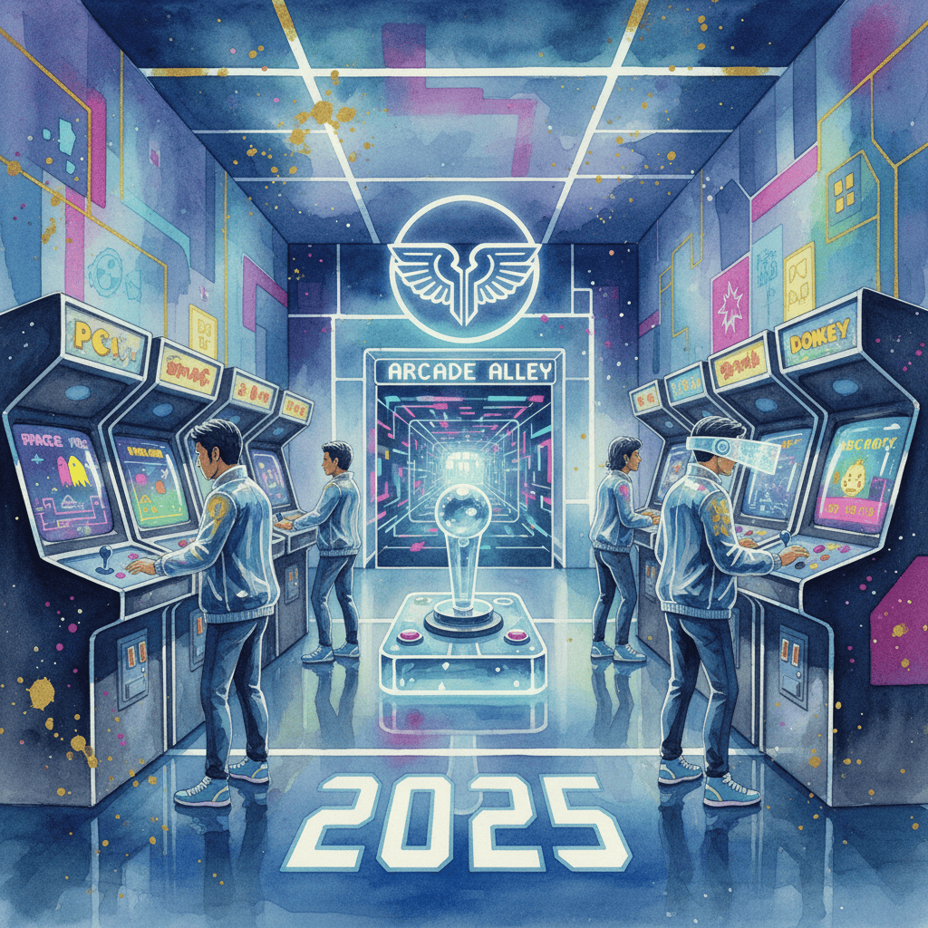 A vibrant 1980s-style arcade with classic games like Pac-Man and Space Invaders, showcasing the resurgence of retro gaming in 2025.