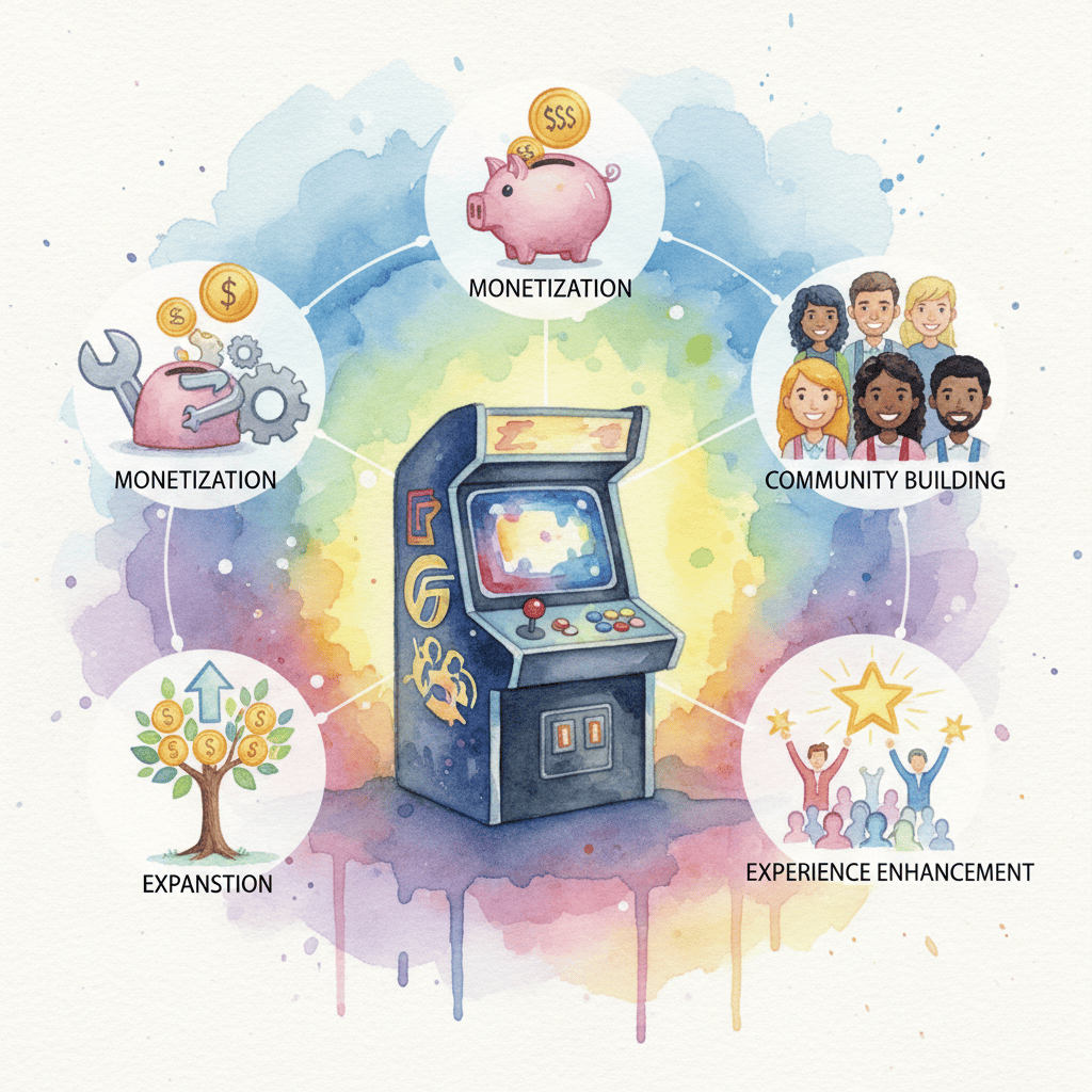 Graph showing five key strategies to increase arcade profitability, including optimized game selection, effective pricing, and engaging events.