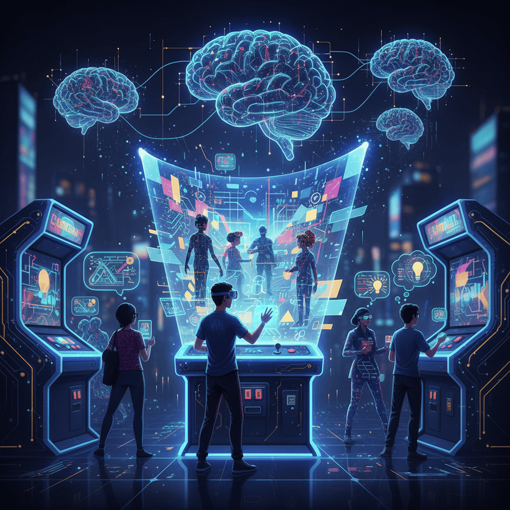 AI-powered arcade game characters interacting
