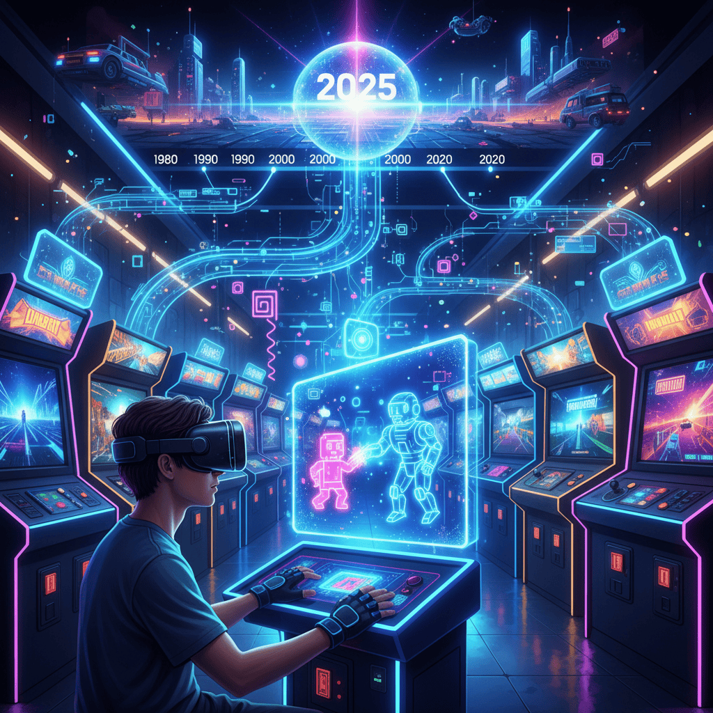 A futuristic arcade cabinet with holographic projections and sleek, minimalist design, showcasing advanced gaming technology of 2025.