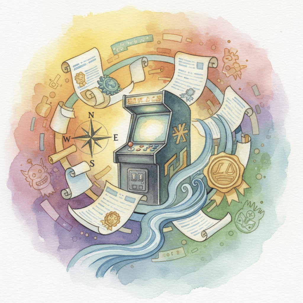 A person behind a counter in a bustling arcade, managing games and interacting with customers.