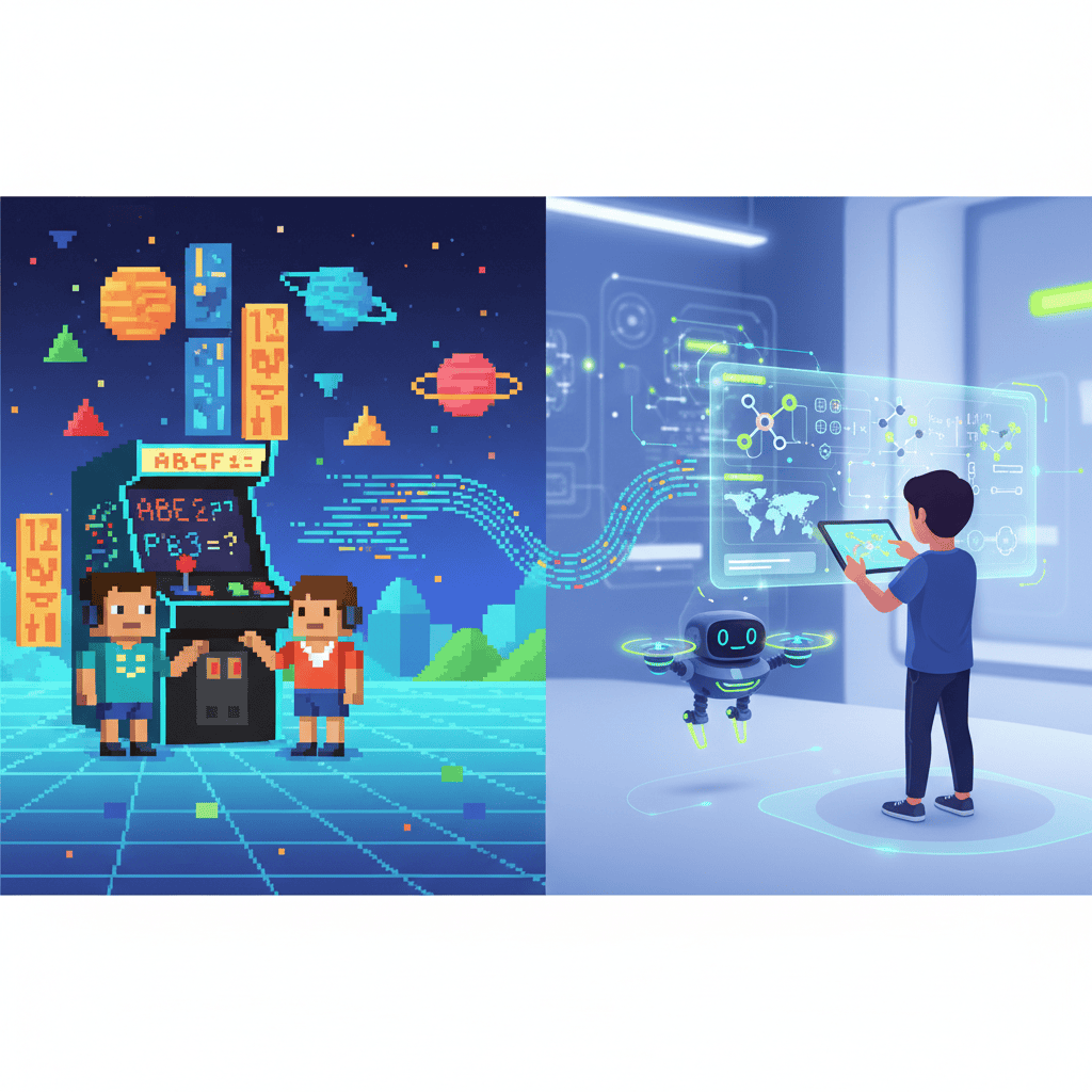 Kids playing educational arcade games on tablets and phones