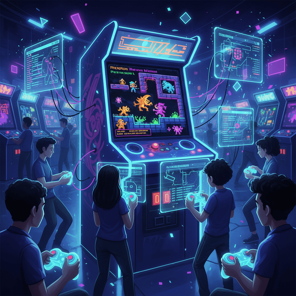 Retro arcade game aesthetic with modern roguelike elements