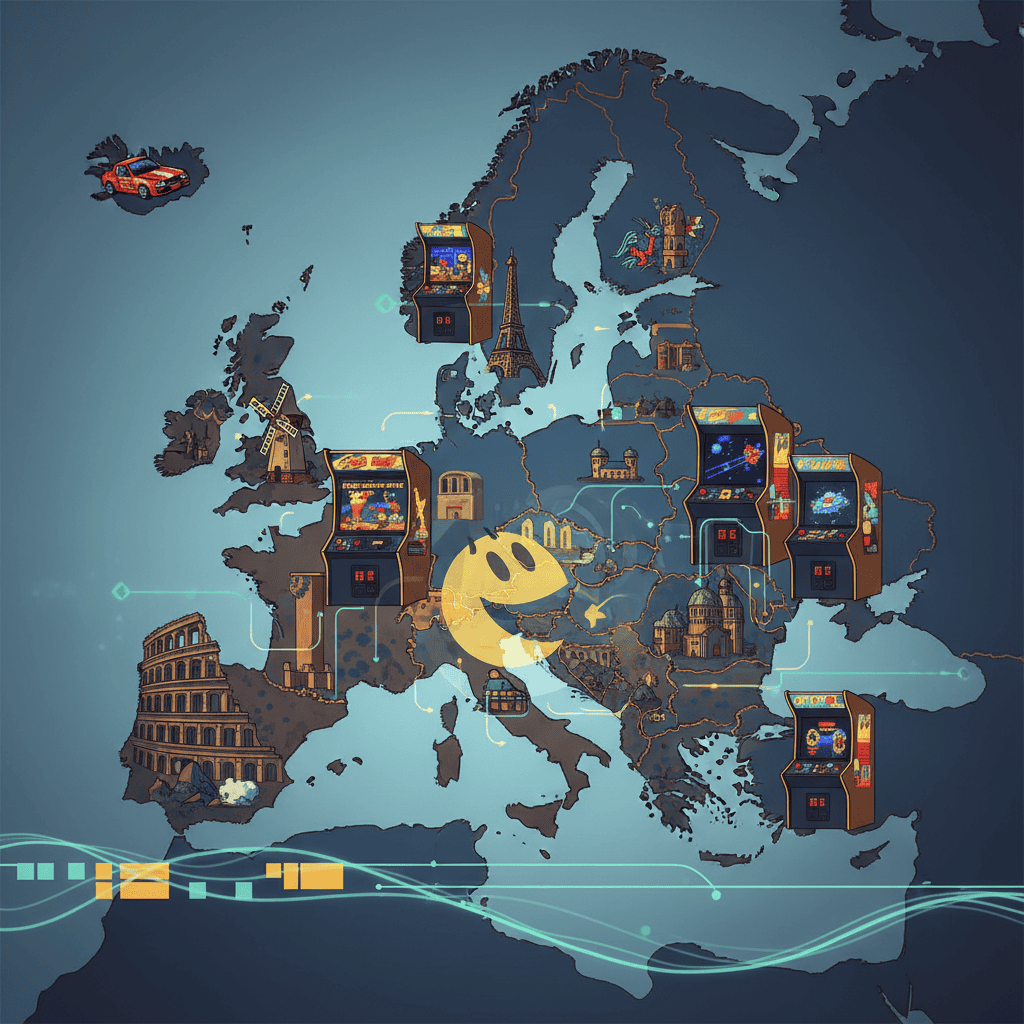 Vintage European arcade cabinets, diverse games