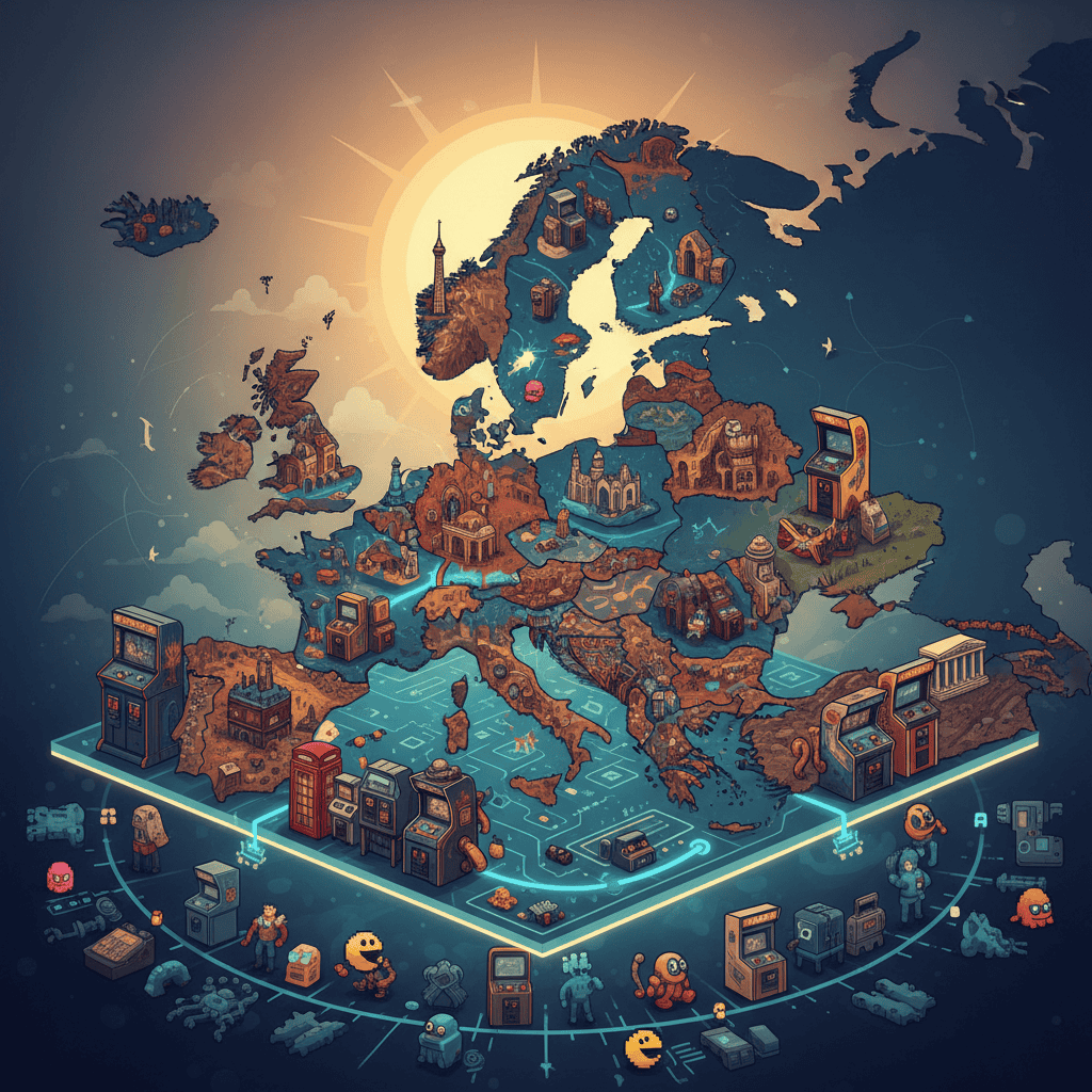 Vintage European arcade cabinets, diverse games