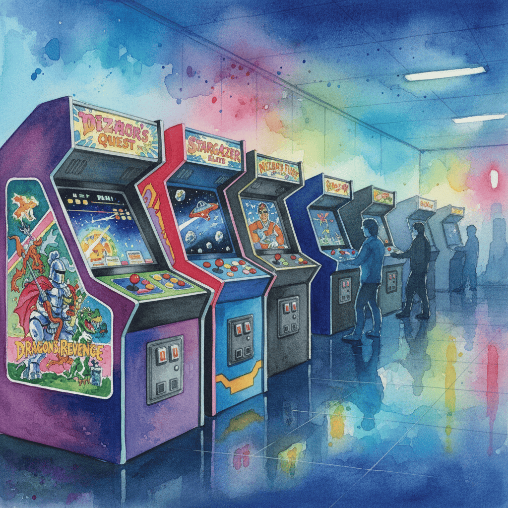 A vibrant arcade cabinet showcasing a lesser-known 80s arcade game, filled with colorful graphics and exciting gameplay.