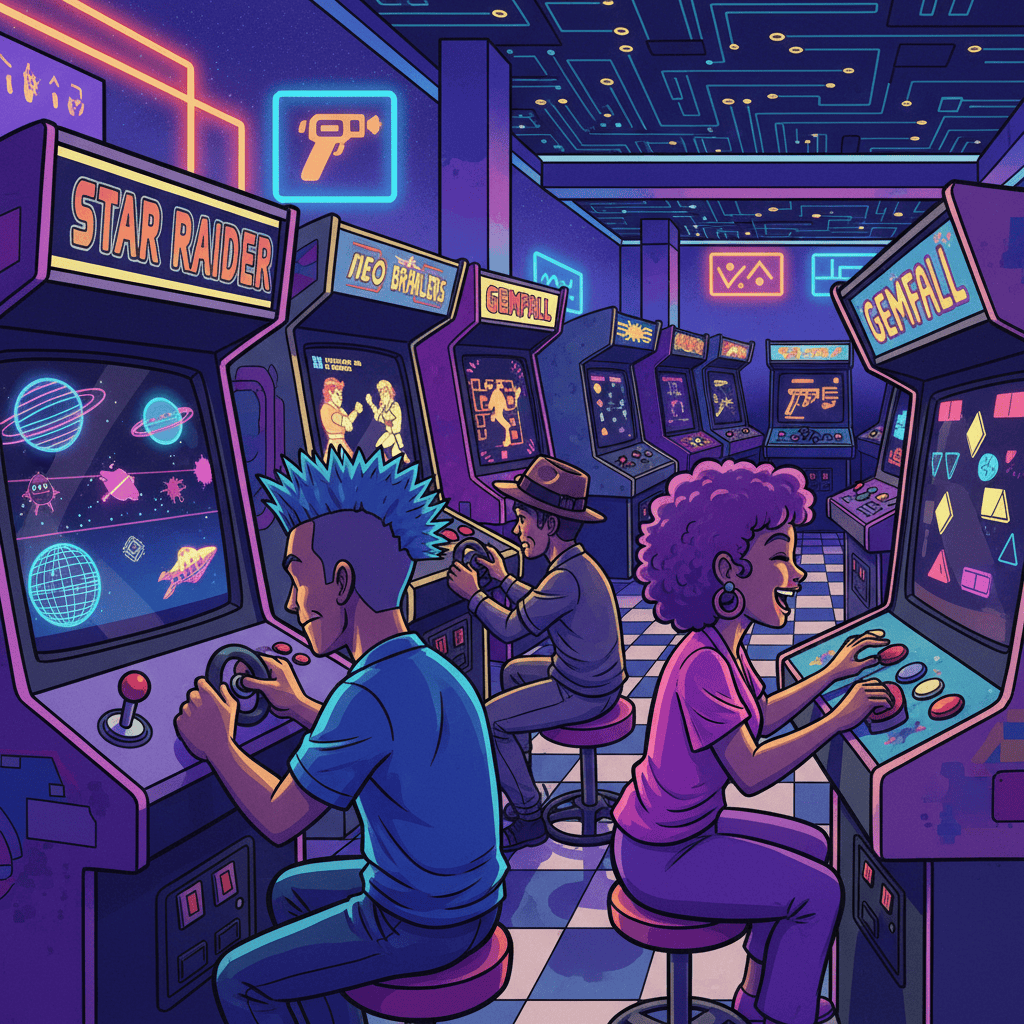 A vibrant arcade cabinet displaying a lesser-known Golden Age arcade game, showcasing colorful pixel art and joystick.