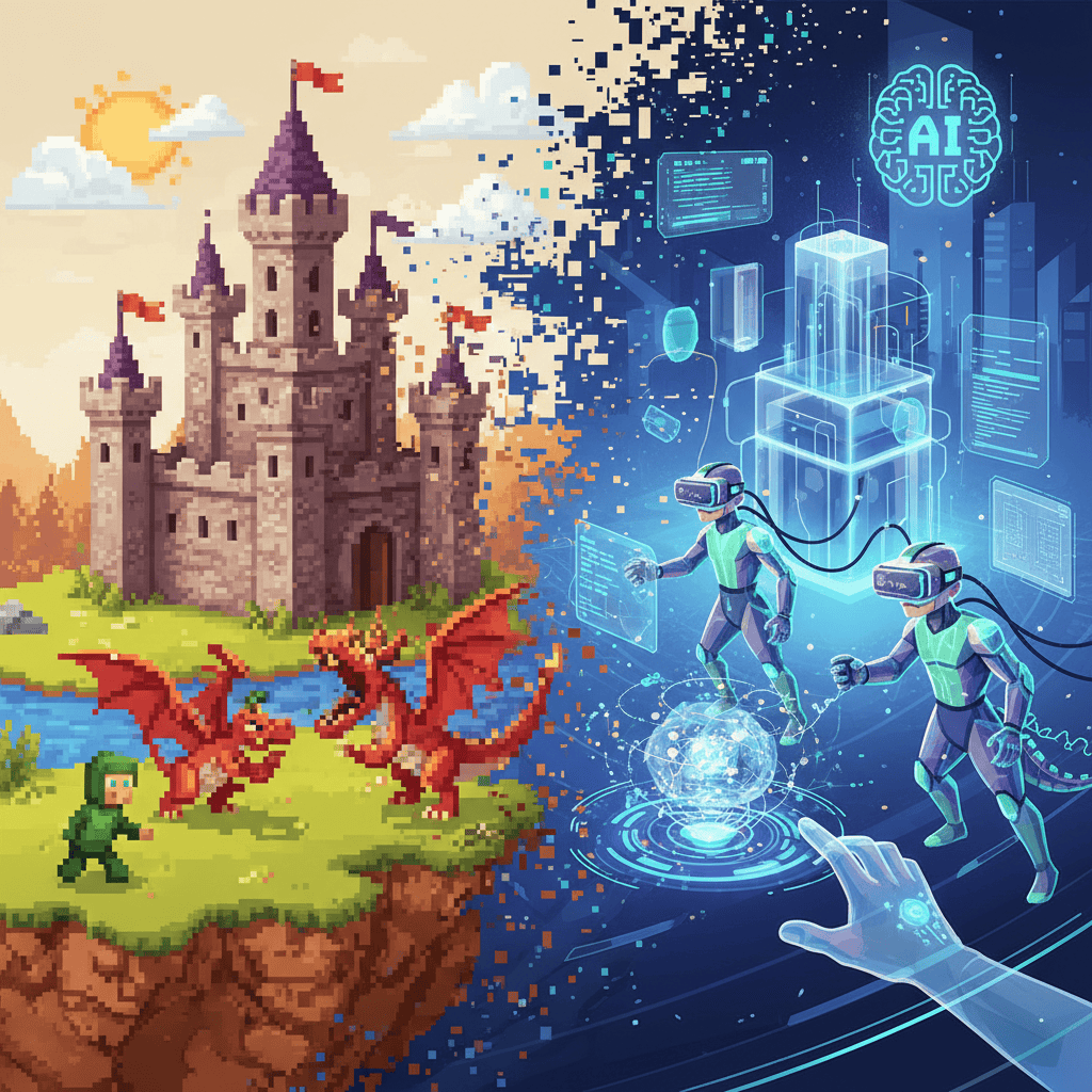 Retro gaming consoles and pixelated graphics