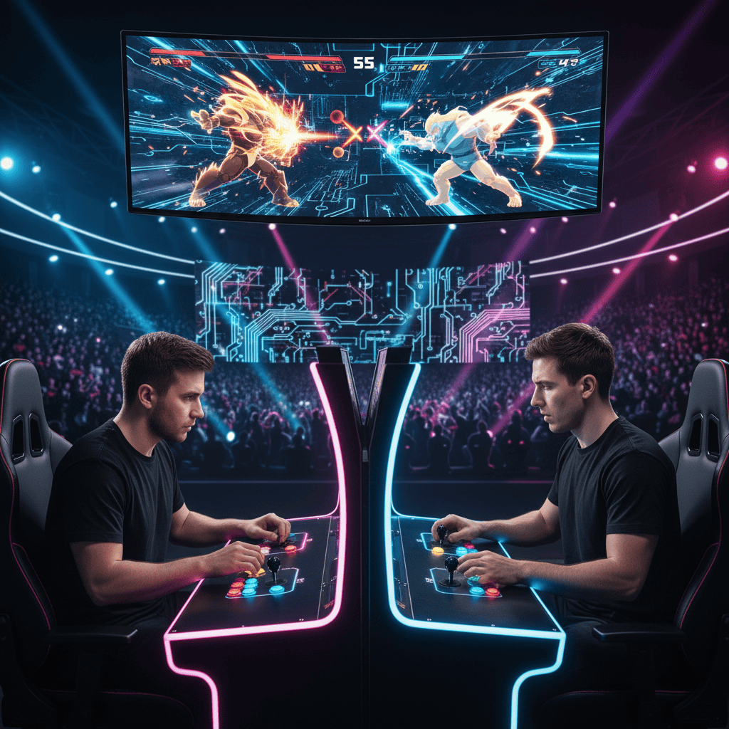 A close-up shot of two players intensely focused on a competitive fighting game, their hands hovering over controllers.