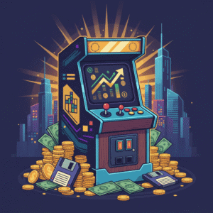 A close-up shot of a classic arcade cabinet, showcasing its artwork and control panel.