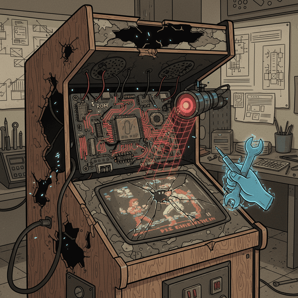 Damaged arcade cabinet needing restoration. Cracked chassis and corrupted ROMs.