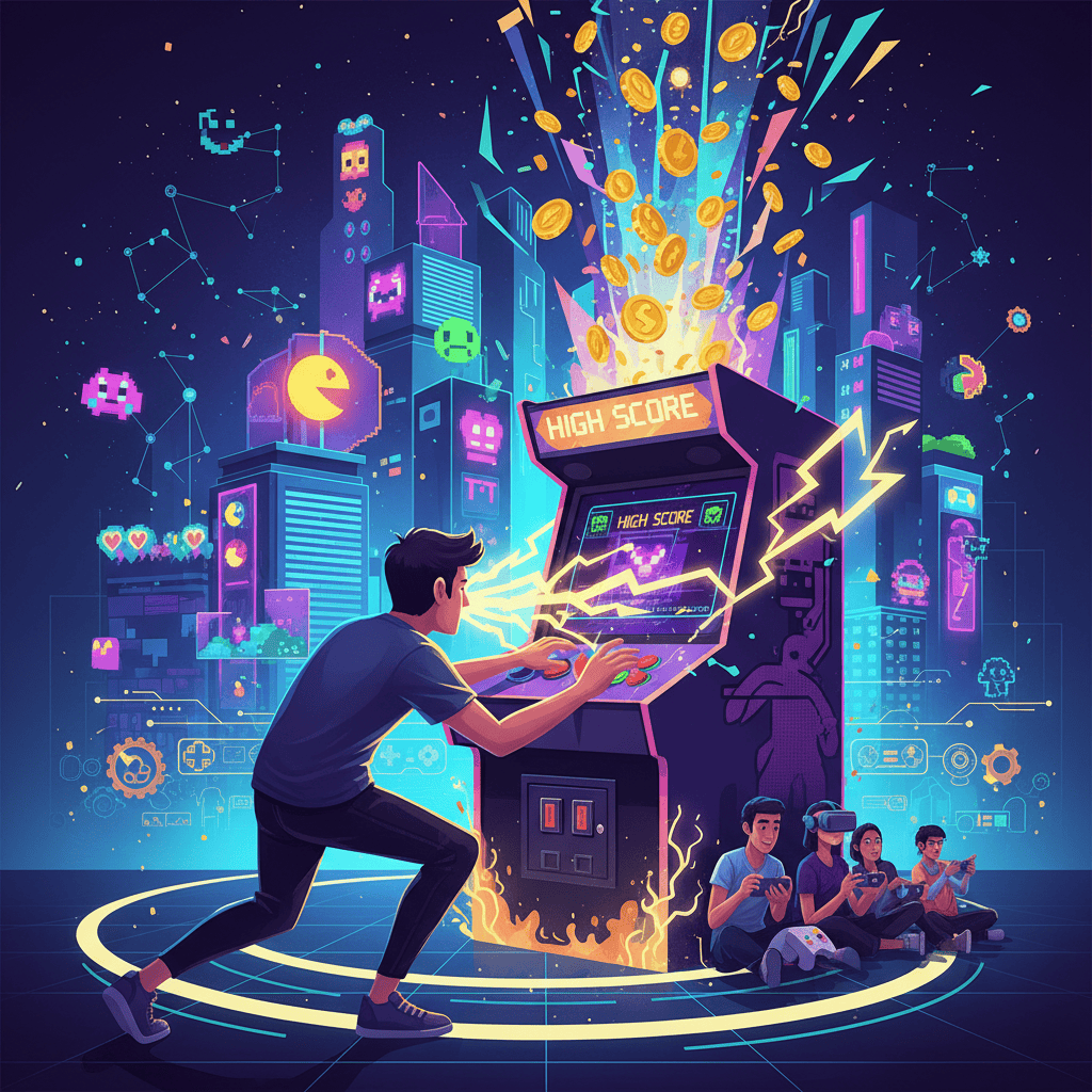 A person intensely playing a classic arcade game, buttons glowing, joystick in motion.