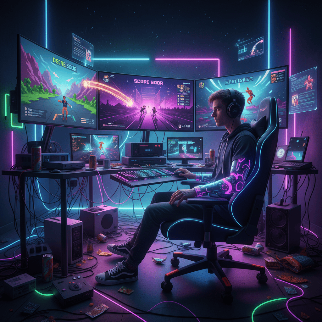 A triumphant player celebrating a high score in a 2025 video game, showcasing mastery of cheats, glitches, and skillful gameplay.