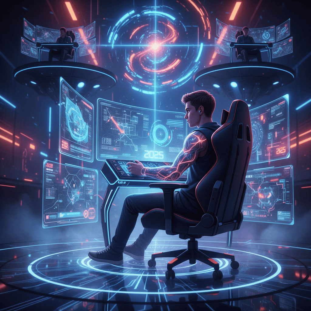 Gamer using advanced techniques to dominate the competition in a 2025 gaming scenario.