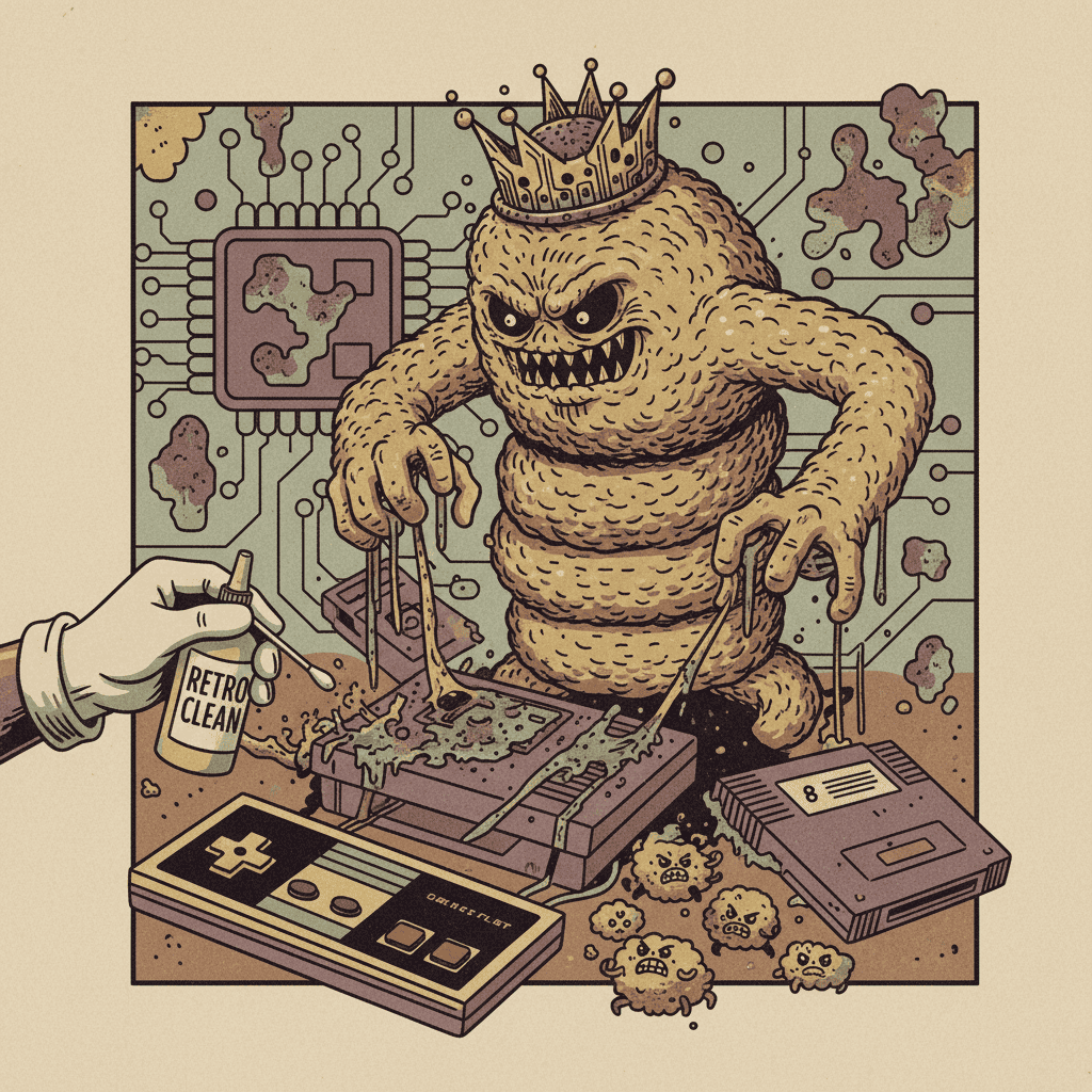 Close-up of dirty retro game cartridges and consoles