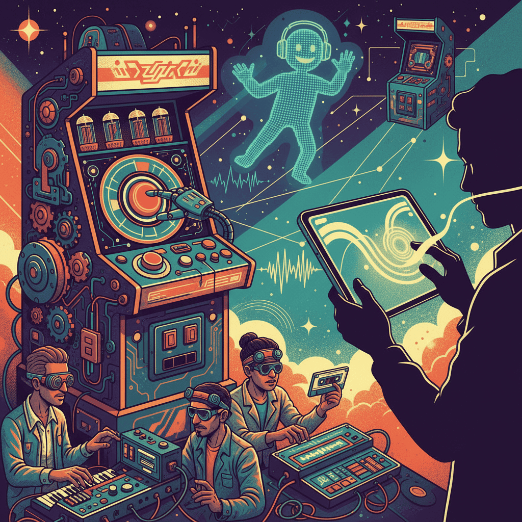 Early rhythm game machines, mechanical buttons, pioneering designs
