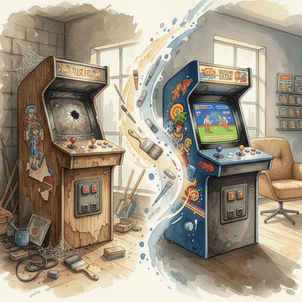 Close-up of a restored vintage arcade cabinet, showcasing vibrant artwork and gleaming buttons and joystick.