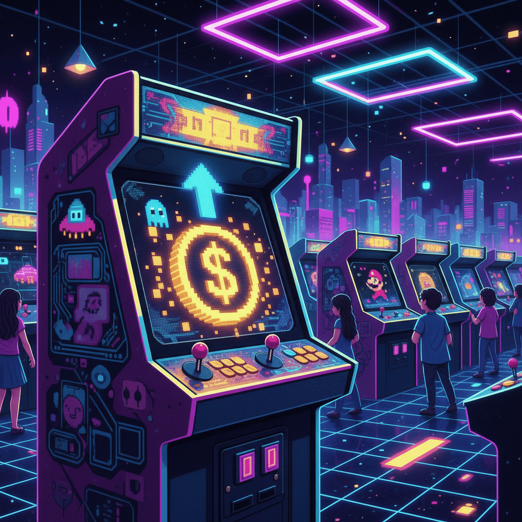 A vibrant 1980s arcade interior bustling with players engrossed in classic arcade games like Pac-Man, Donkey Kong, and Galaga.
