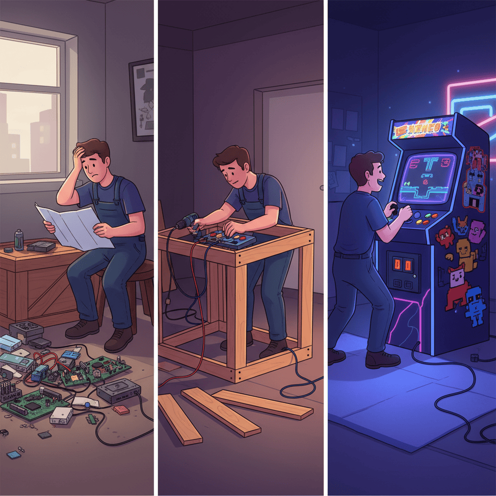 Person excitedly playing a classic arcade game in a home-built arcade cabinet.