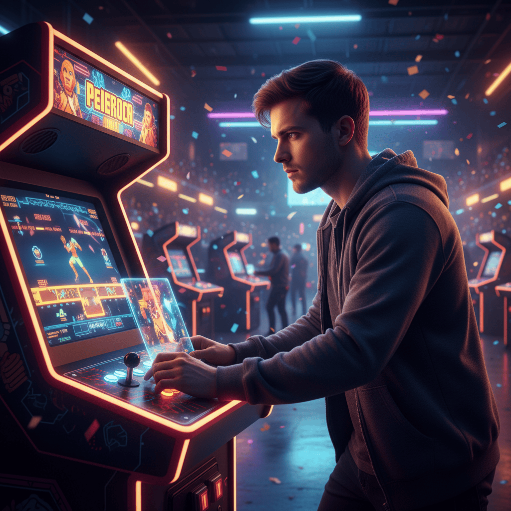 A close-up shot of a player intensely focused on a competitive arcade game, hands gripping the joystick and buttons.