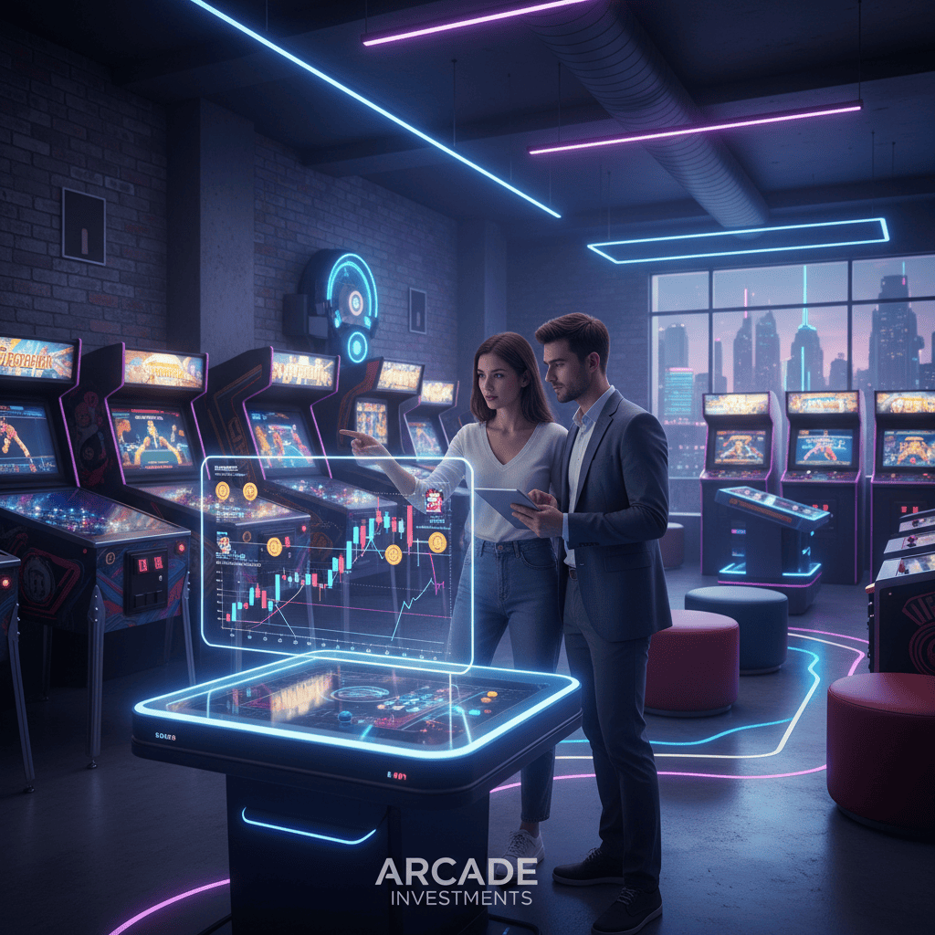Retro arcade game machines in a modern setting, showcasing the resurgence of arcade culture.