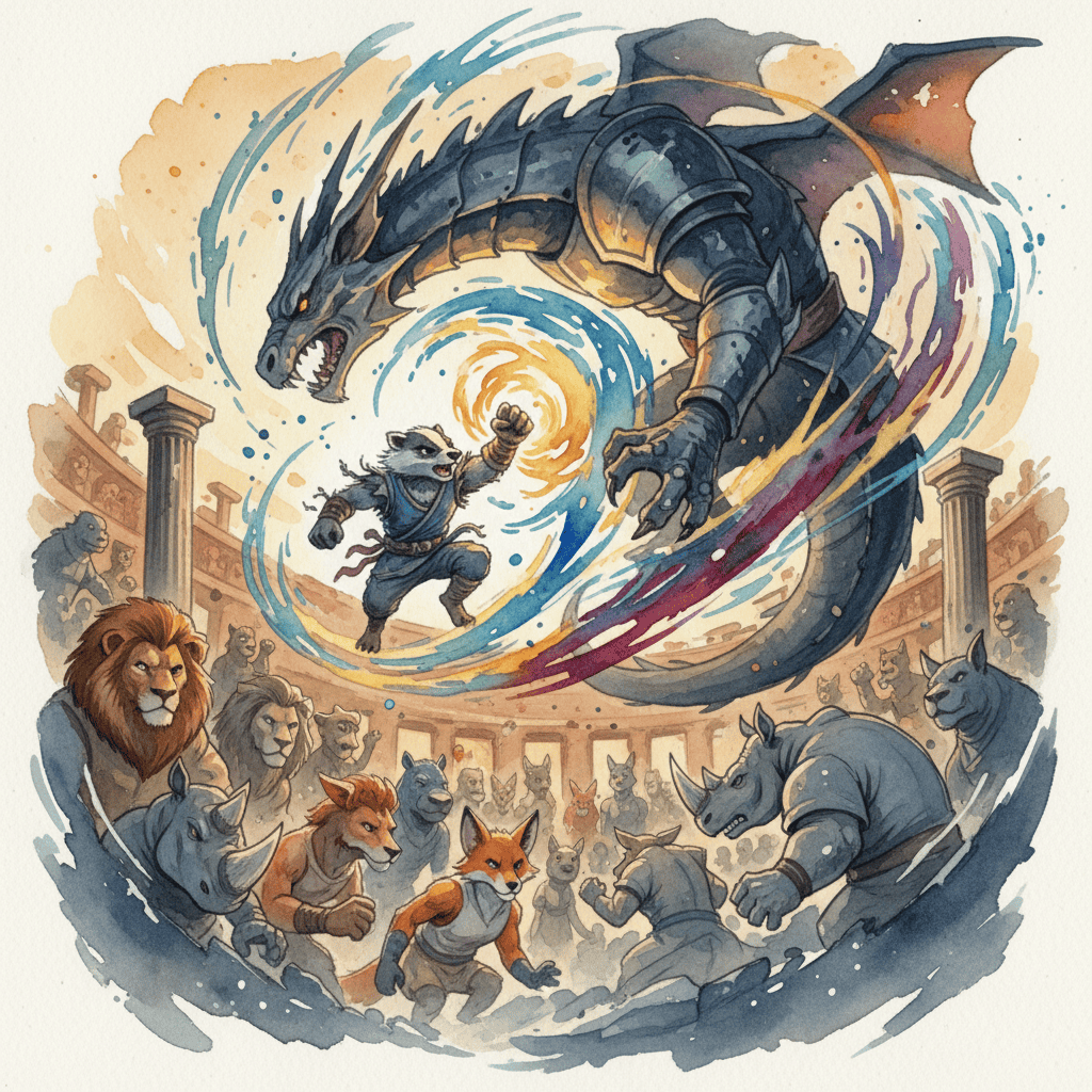 A diverse group of fighting game characters, some lesser-known, facing off in a dramatic showdown, representing the potential for underdog characters to dominate the 2025 meta.