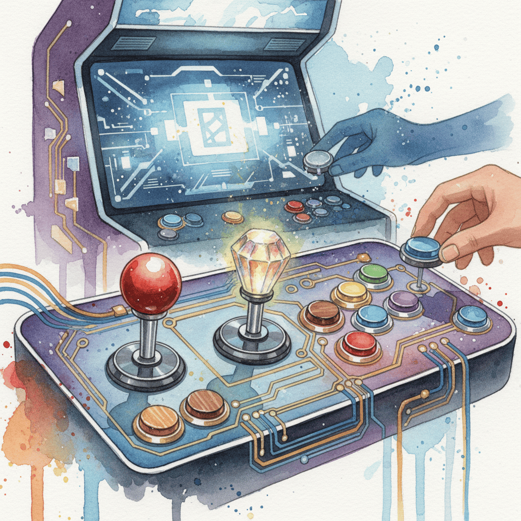 Close-up of customized arcade joystick and buttons, showcasing vibrant colors and unique design elements.