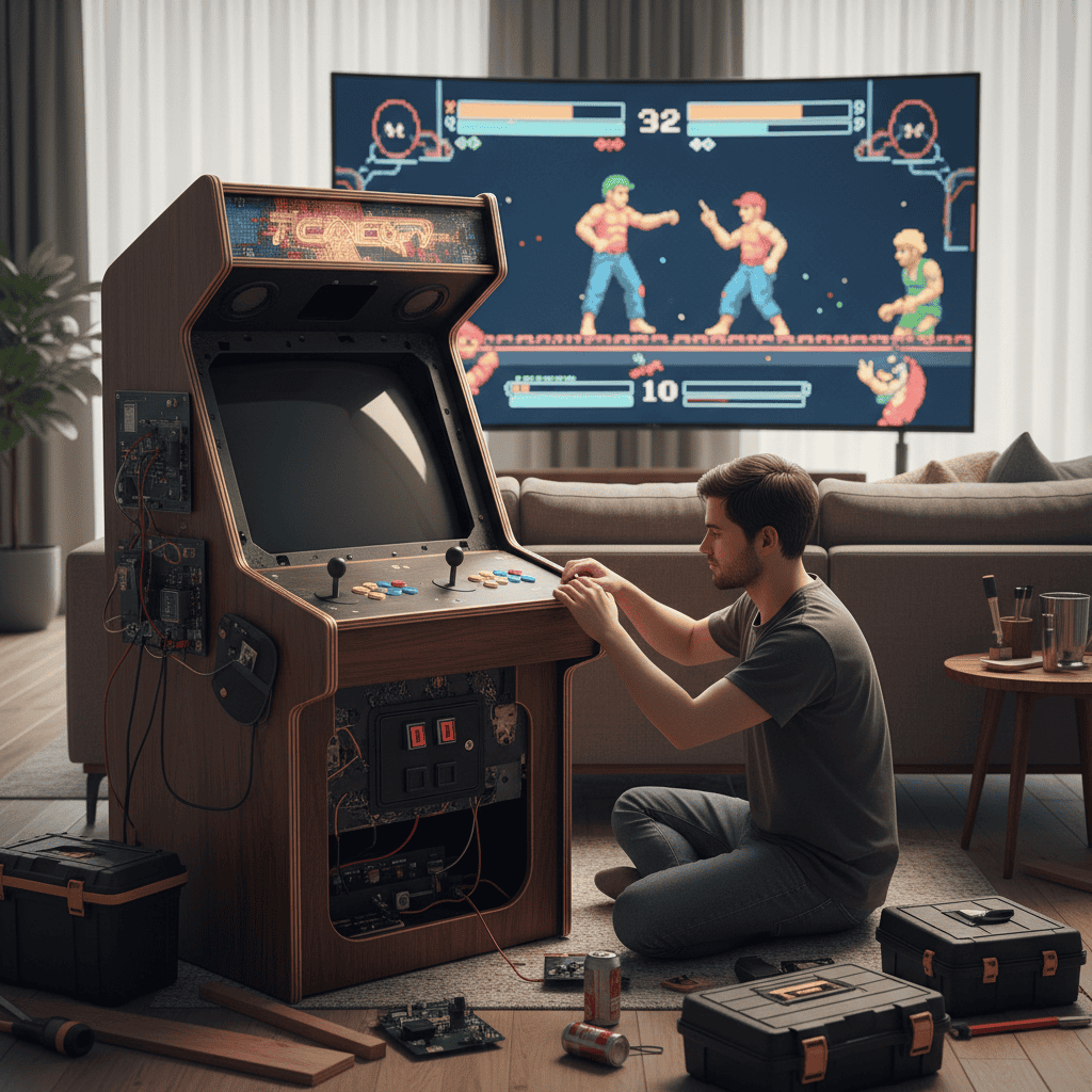 A beautifully crafted DIY arcade cabinet, showcasing vibrant LED lighting and classic arcade game artwork.