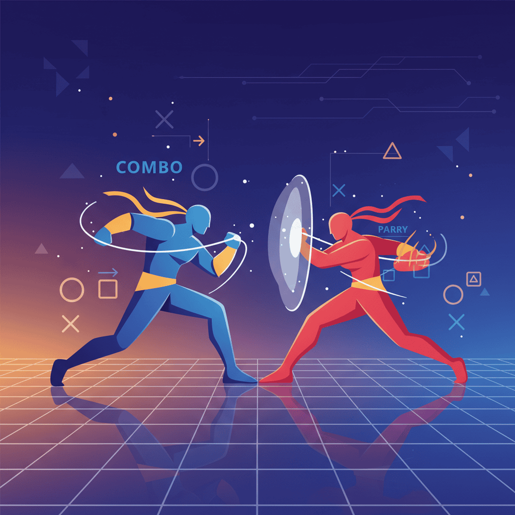 Advanced fighting game combo execution: a player expertly performs a complex sequence of attacks.