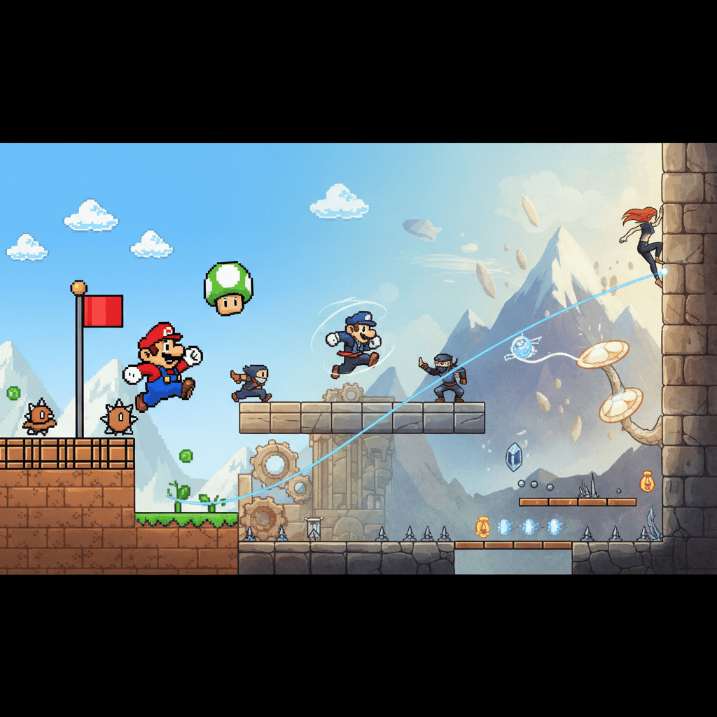 Precise platforming action: Mastering jumps and challenges in games like Mario and Celeste.
