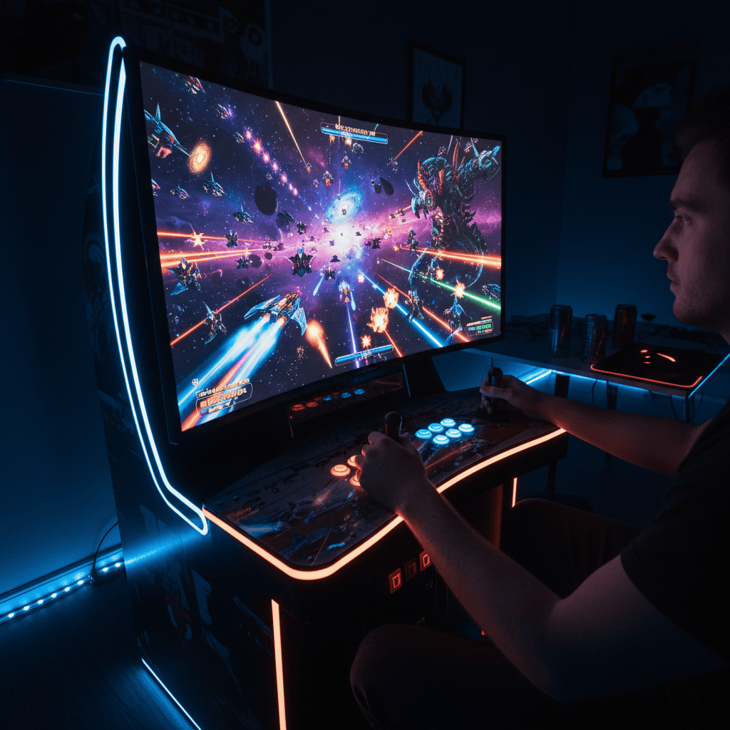A player skillfully maneuvering a spaceship in a bullet hell shmup, dodging enemy fire and unleashing powerful attacks.