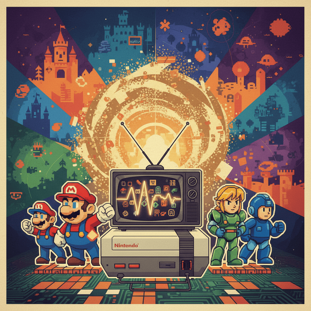Iconic NES games: Super Mario Bros., The Legend of Zelda, Metroid, etc.