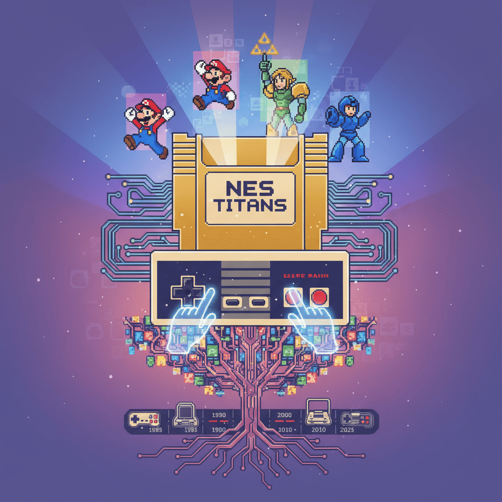 Iconic NES games: Super Mario Bros., The Legend of Zelda, Metroid, etc.