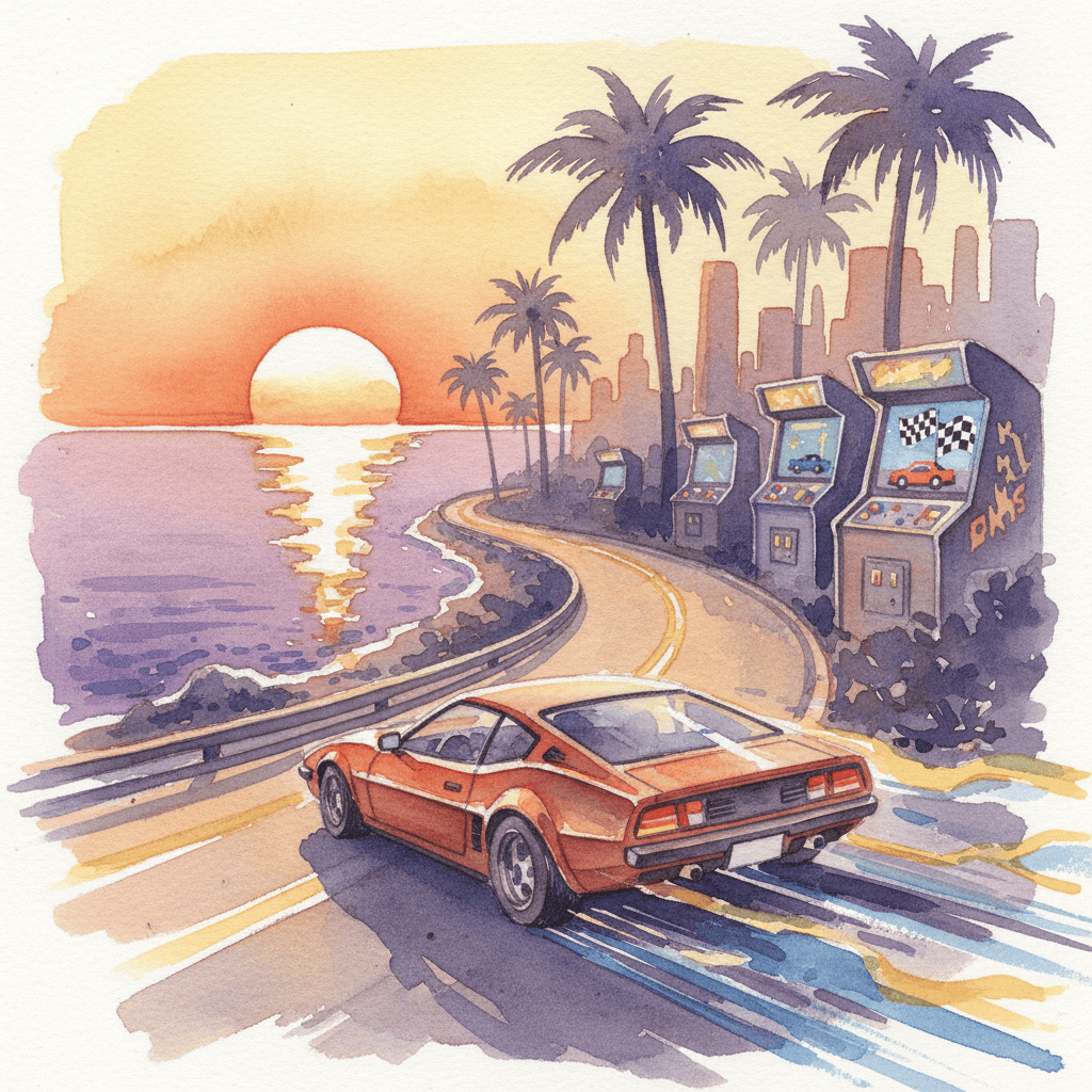 A vibrant arcade cabinet showcasing the classic racing game, Out Run, during its golden age.