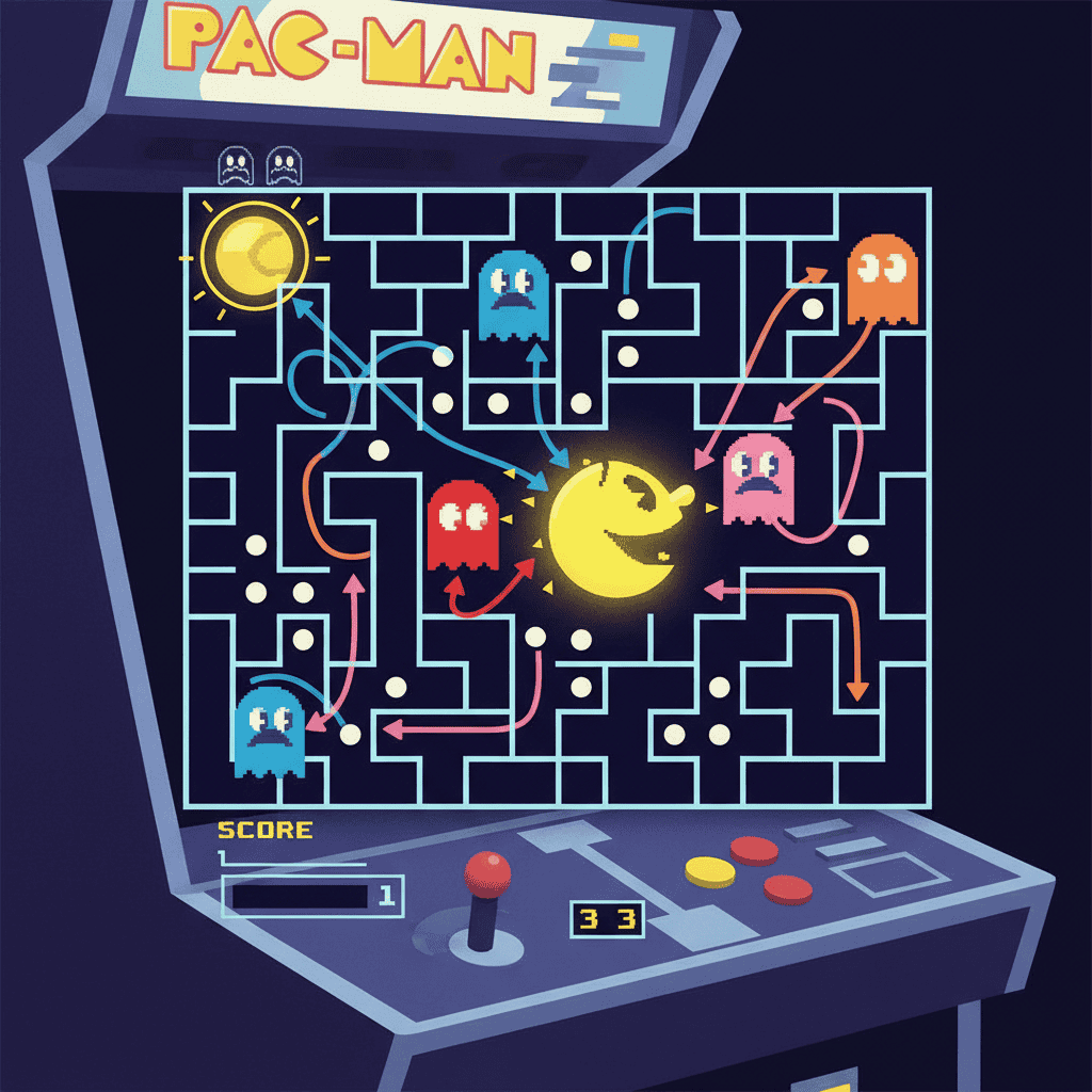 Pac-Man maze, ghosts, power pellets