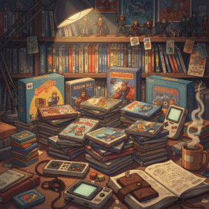 Close-up shot of a collection of rare video games, including their boxes and cartridges, displayed on a wooden table.