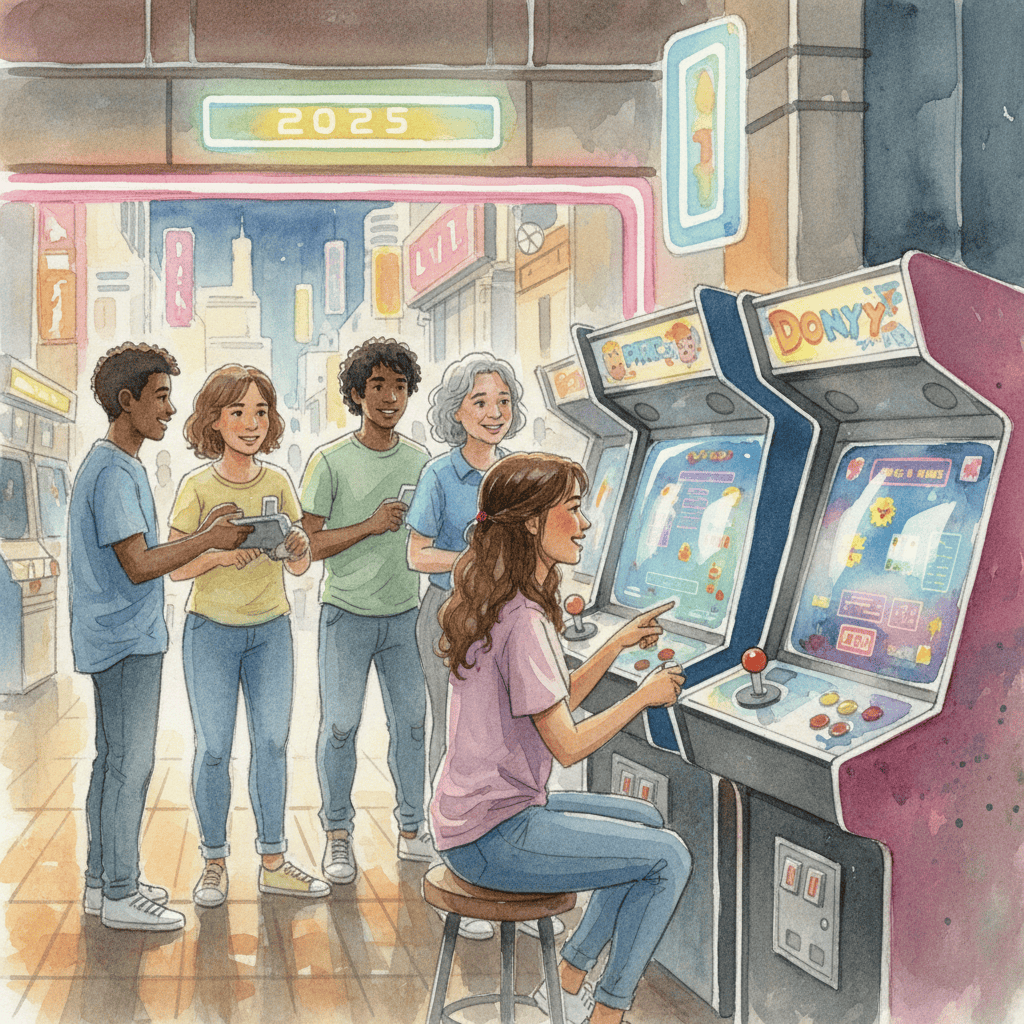 A vibrant retro arcade in 2025, showcasing classic arcade cabinets like Pac-Man and Space Invaders alongside futuristic gaming technology, filled with diverse players enjoying the games.