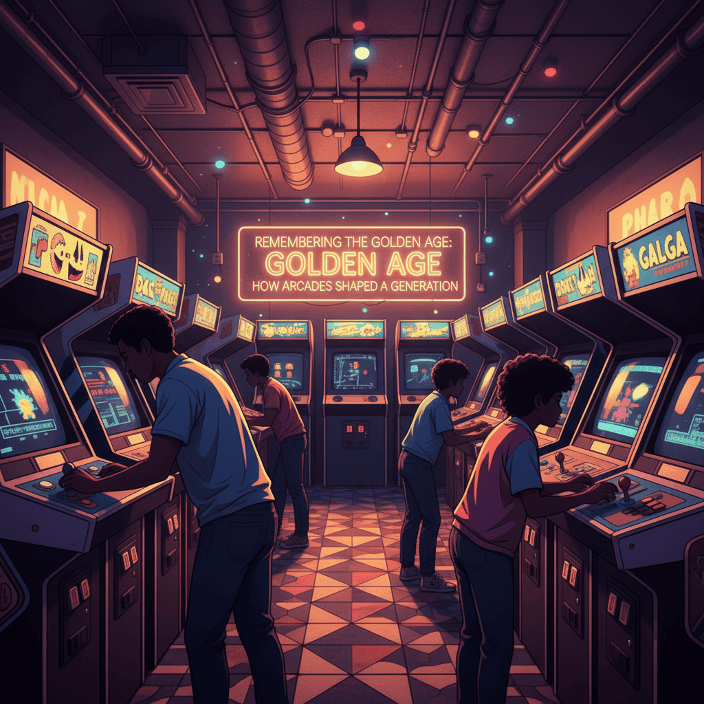 A vibrant 1980s arcade interior filled with classic arcade games like Pac-Man, Donkey Kong, and Space Invaders, showcasing people of various ages playing.