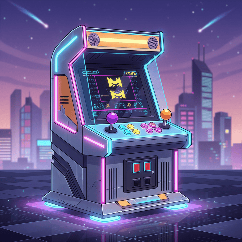 Close-up of a custom-built 2025-inspired arcade machine, showcasing sleek, futuristic design elements alongside classic retro game artwork.