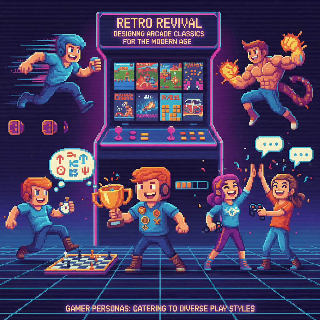 Diverse gamer personas illustrated, representing different play styles in retro arcade game design.