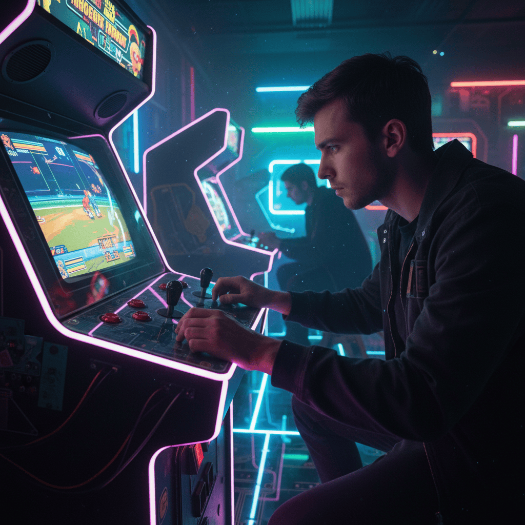 A bustling arcade scene showcasing competitive gameplay, highlighting skilled players focused on their games.