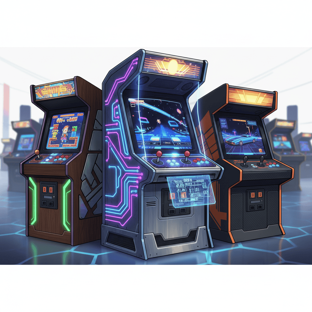 Retro arcade cabinets, futuristic designs, 2025