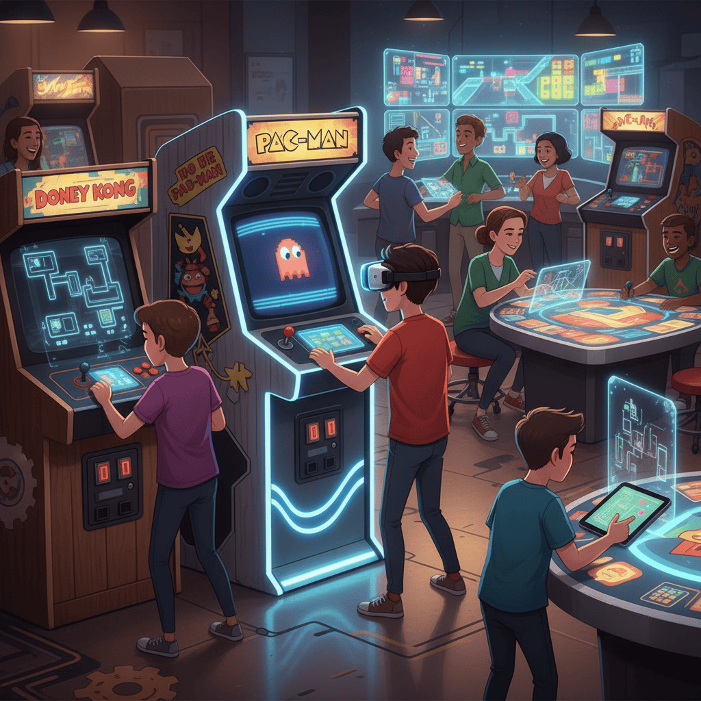 Retro arcade cabinets, futuristic designs, 2025
