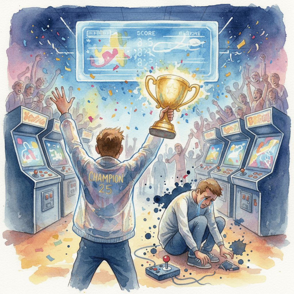 A collage showcasing highlight moments from the 2025 Arcade Championship, including triumphant players and intense gameplay.