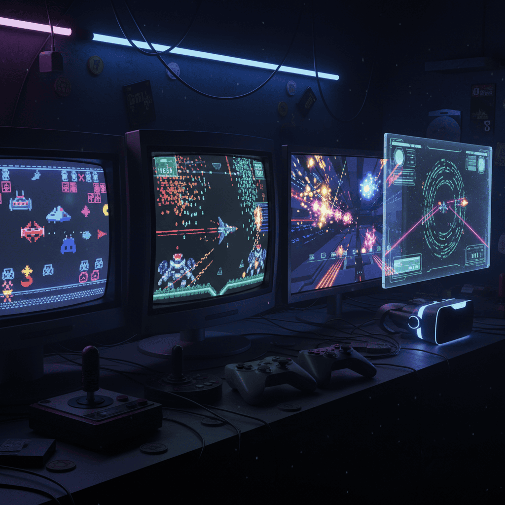 A collage showcasing iconic shmup sprites and screenshots, ranging from classic arcade games like Galaga and Gradius to modern titles like Ikaruga and DoDonPachi.