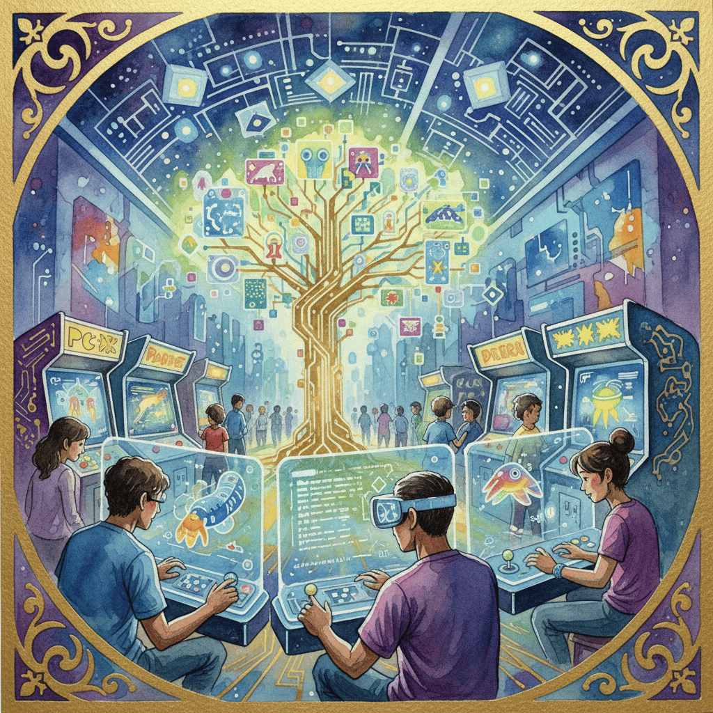 A vibrant, futuristic arcade scene in 2025, showcasing advanced arcade game cabinets with holographic displays and sleek designs.