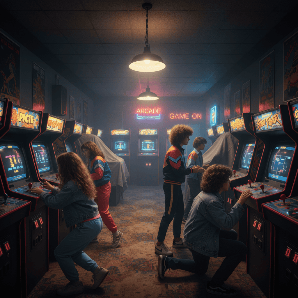 A vibrant image depicting the interior of a bustling 1980s arcade, filled with people playing classic arcade games like Pac-Man, Donkey Kong, and Galaga.