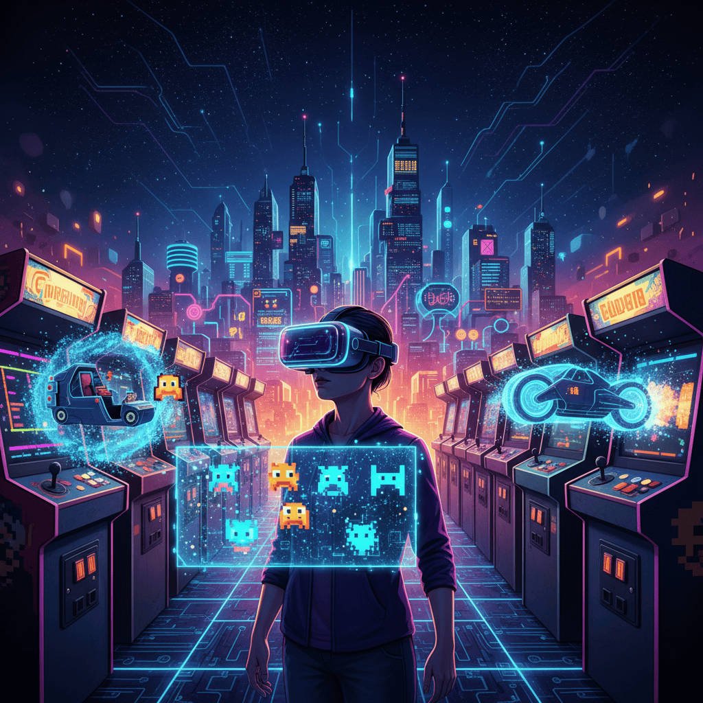 Retro arcade games in a VR headset, futuristic gaming
