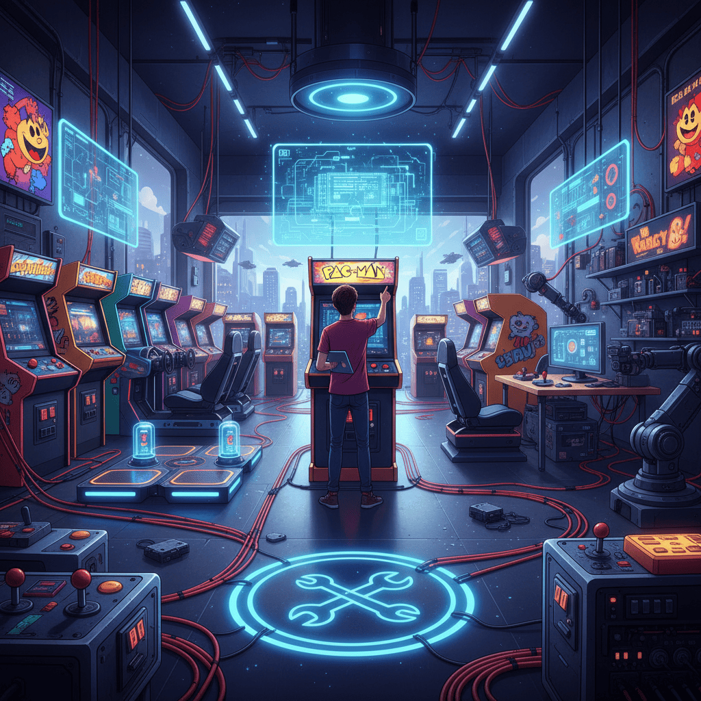 A vibrant and bustling arcade interior filled with classic and modern arcade games, showcasing happy people playing.