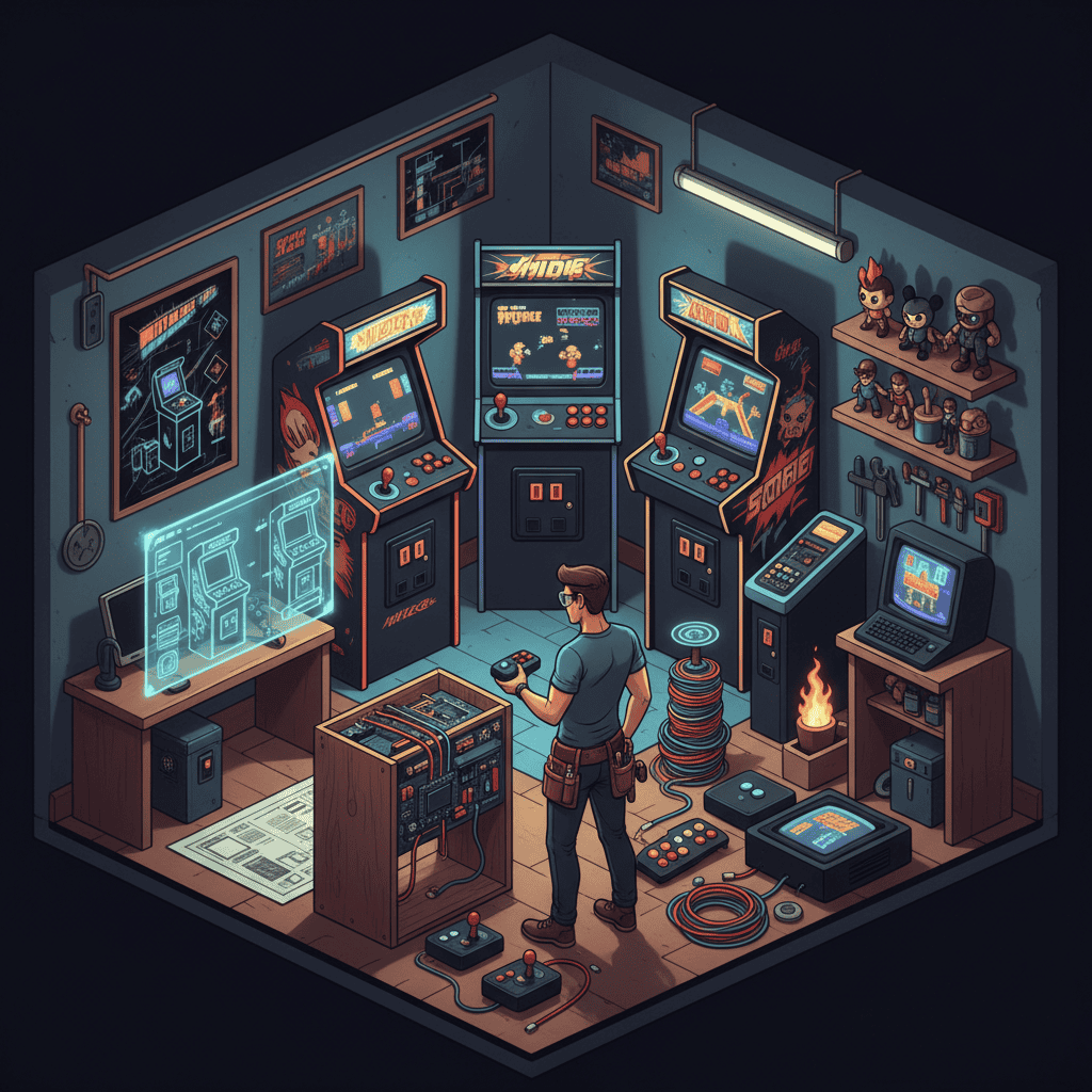 A person happily playing a classic arcade game in their custom-built home arcade.